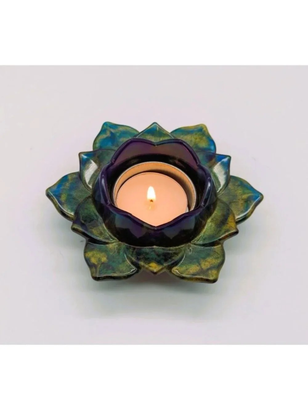 Lotus Flower Resin Tealight Holder Green, Gold & Blue 4.5
